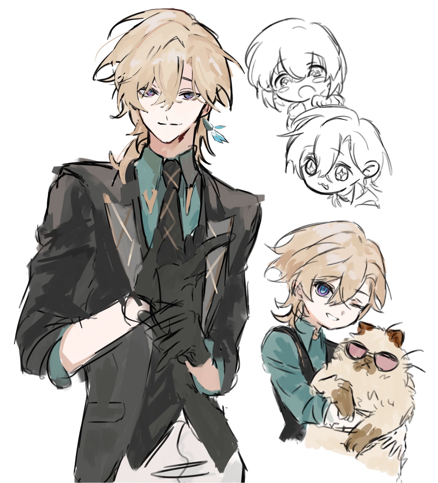he image showcases a collection of drawings featuring a character that strongly resembles albedo from genshin impact. the main illustration depicts a stylized albedo dressed in a dark suit, gloves, and a teal undershirt, exuding a sophisticated yet approachable demeanor.  several smaller sketches are also present, including chibistyle versions of the character, showing variations in expression.  one chibi depicts albedo holding a cat wearing sunglasses. the art style is loose and expressive, leaning towards a softer, less detailed aesthetic.  the overall tone is playful, yet retains the character's distinctive features.