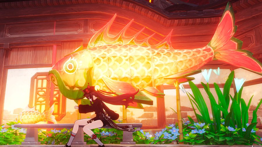 a vibrant and stylized image from the video game genshin impact features a female animestyled character with long dark red hair, sitting on a bench in a garden setting.  she is positioned in front of a large, ornate, glowing lantern shaped like a koi fish.  smaller koishaped lanterns are also visible. the architecture suggests a chinese or east asian style.  the overall color palette is bright and warm with reds, oranges, and yellows dominating.  the scene is highly detailed and features vibrant lighting effects.