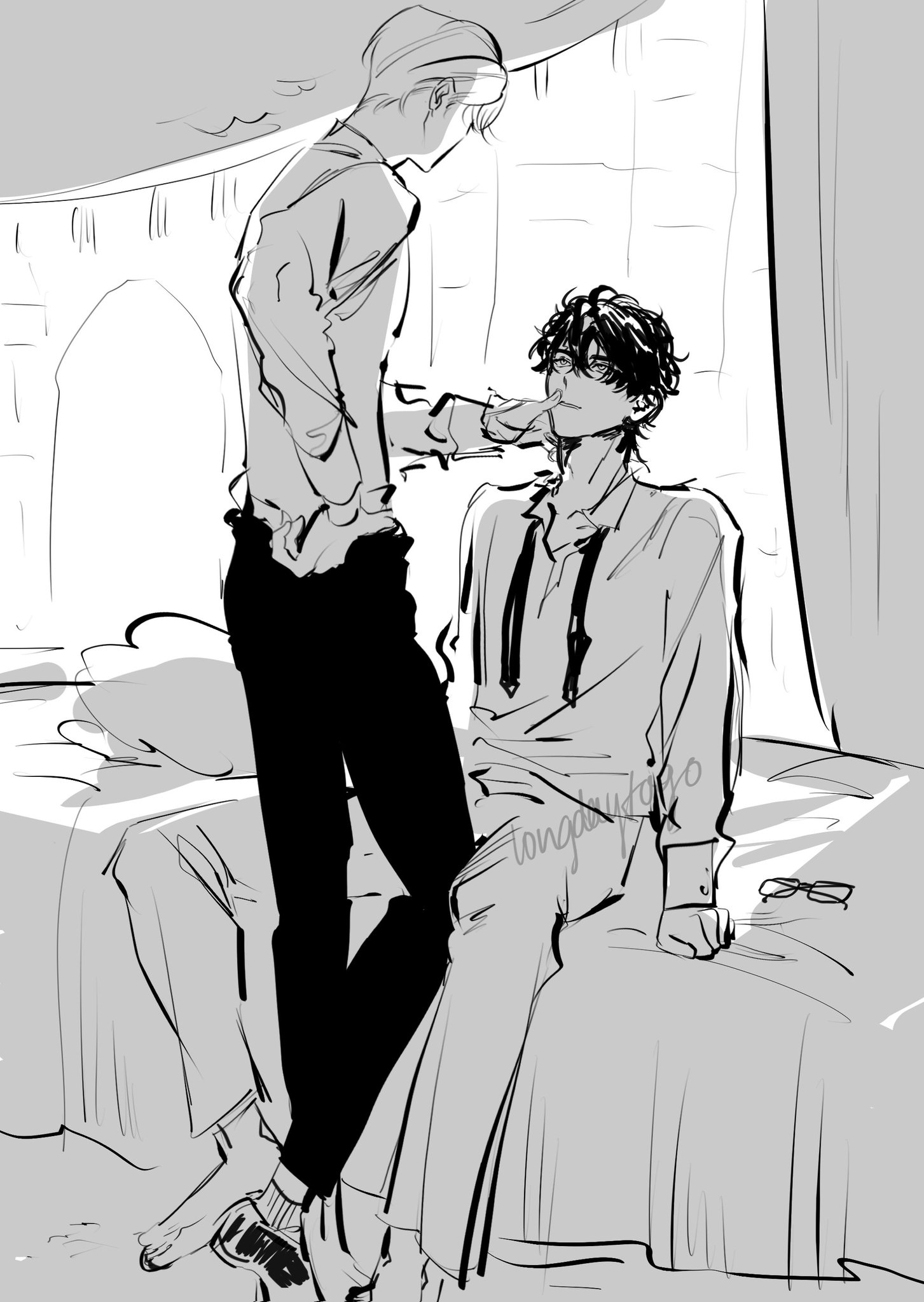 a black and white sketch depicting two young men in a tender moment. one man, standing, is feeding the other, who is sitting on a bed. the scene is intimate and suggests a romantic relationship. the style is reminiscent of manga or anime, with loose lines and shading. the background is suggestive of a bedroom with a window letting in light.