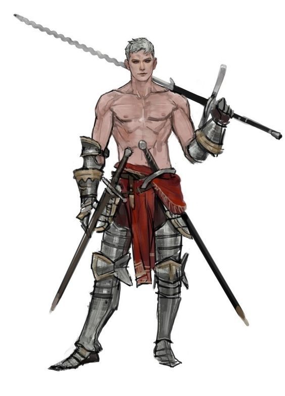 the image shows a digital painting of a muscular, shirtless male knight. he has short, light grey hair and is wearing partially visible plate armor, including greaves, pauldrons and other pieces. he holds a large, twohanded greatsword over his shoulder and also carries several smaller swords and daggers.  his lower body is partially covered by a red cloth or kilt. the style is reminiscent of fantasy art and character design work, with a somewhat rough or sketchlike finish to the painting. the background is pure white.