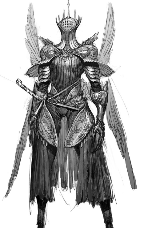 a black and white sketch of an angelic knight, clad in ornate armor and feathered wings. the warrior stands with a sword at the ready, their helmet crowned with a spiky halo. the style suggests a dark fantasy setting.