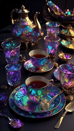 an elegant table setting featuring a vintage, ornate teapot, teacups, and saucers. the items are made of iridescent porcelain with gold and silver accents. the teacups and saucers are arranged on a dark surface, and there is a  small spoon to the left of the  tea set.