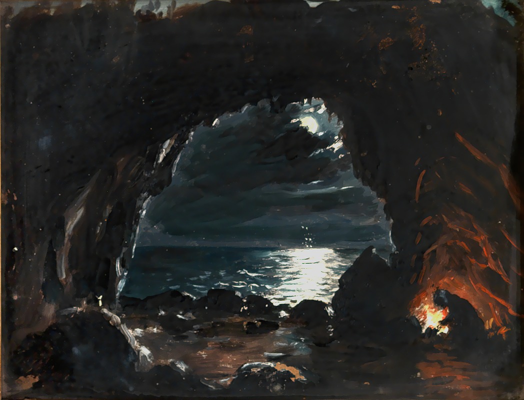 the image is a painting depicting a dark cave opening to an ocean view under a moonlit night. the cave is shadowy and made of dark rocks. the ocean reflects the moonlight. on the right side of the cave, there is a fire burning. the overall atmosphere is mysterious and dramatic.