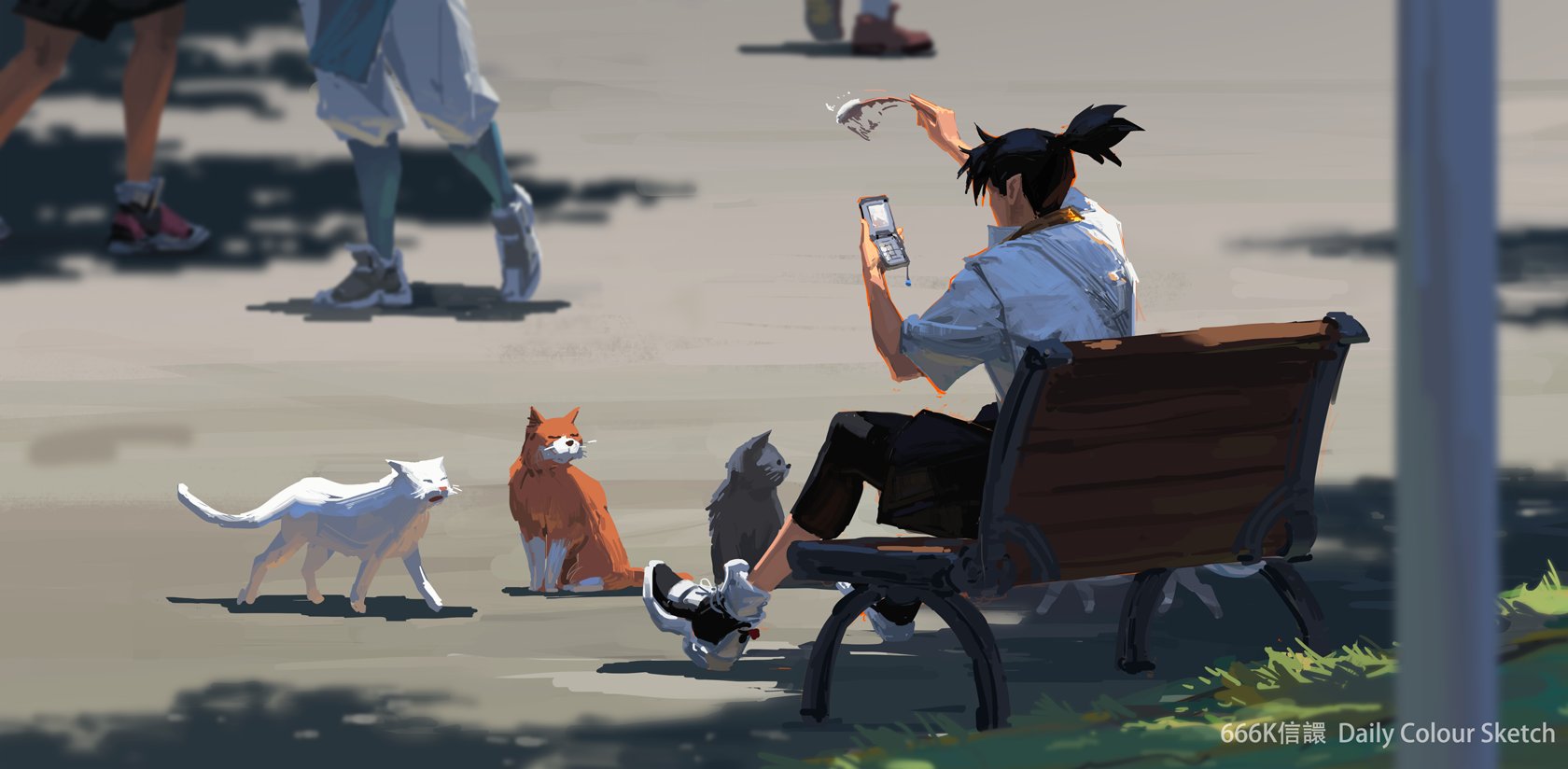 a digital painting in an anime style depicts a young woman sitting on a park bench, looking at her flip phone.  several cats are around her on the ground; one white, one orange and one gray. the background shows blurry figures of people walking by. the style is loose and painterly, with a focus on light and shadow. the artwork is labelled "666k信標 daily colour sketch".