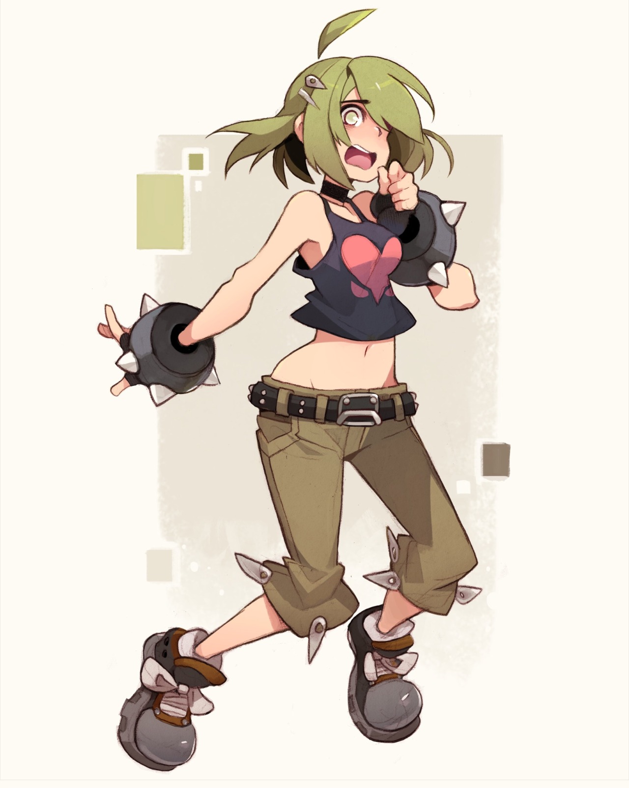 a cartoon drawing of a young woman with short green hair styled in two pigtails. she has an excited expression and is pointing forward with her right hand. she wears a sleeveless black shirt with a pink heart, loosefitting green cargo pants, and chunky brown shoes. her most striking features are her large spiked gauntlets, which cover her forearms.