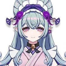the image features a stylized, animestyle female character with distinctive elf ears, purple eyes, and light blue hair. she is adorned with a white headdress accented with purple details, and a matching purple flower in her hair. her attire includes a light pink kimono with a dark bow, and a ribbon choker with a small bell. the character's portrait is framed from the shoulders up, emphasizing her facial features and intricate accessories.