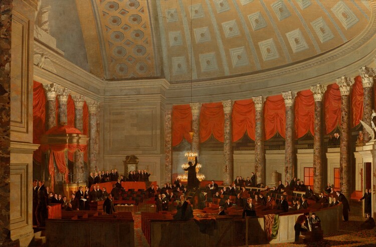 the image is a painting depicting the interior of the u.s. house of representatives chamber. many politicians and other men are present, arranged in tiered seating. a speaker stands at a rostrum. the chamber is grand with marble columns and red curtains, a large dome overhead, and intricate architectural details.