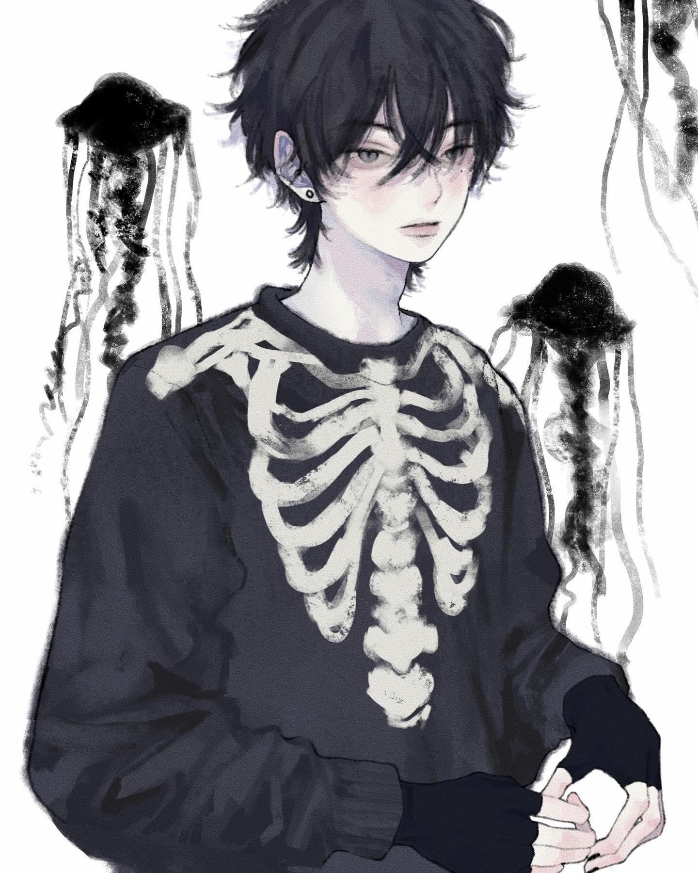 the image is a digital painting or illustration of an animestyle boy. he has dark, shoulderlength hair, pale skin, and is wearing a darkcolored sweater with a ribcage design on the front. he's also wearing dark gloves. the background features stylized, dark jellyfishlike creatures, contributing to an overall dark and slightly gothic aesthetic. the art style is soft and somewhat melancholic, with a muted color palette.  the boy's expression is somewhat neutral or perhaps slightly pensive.
