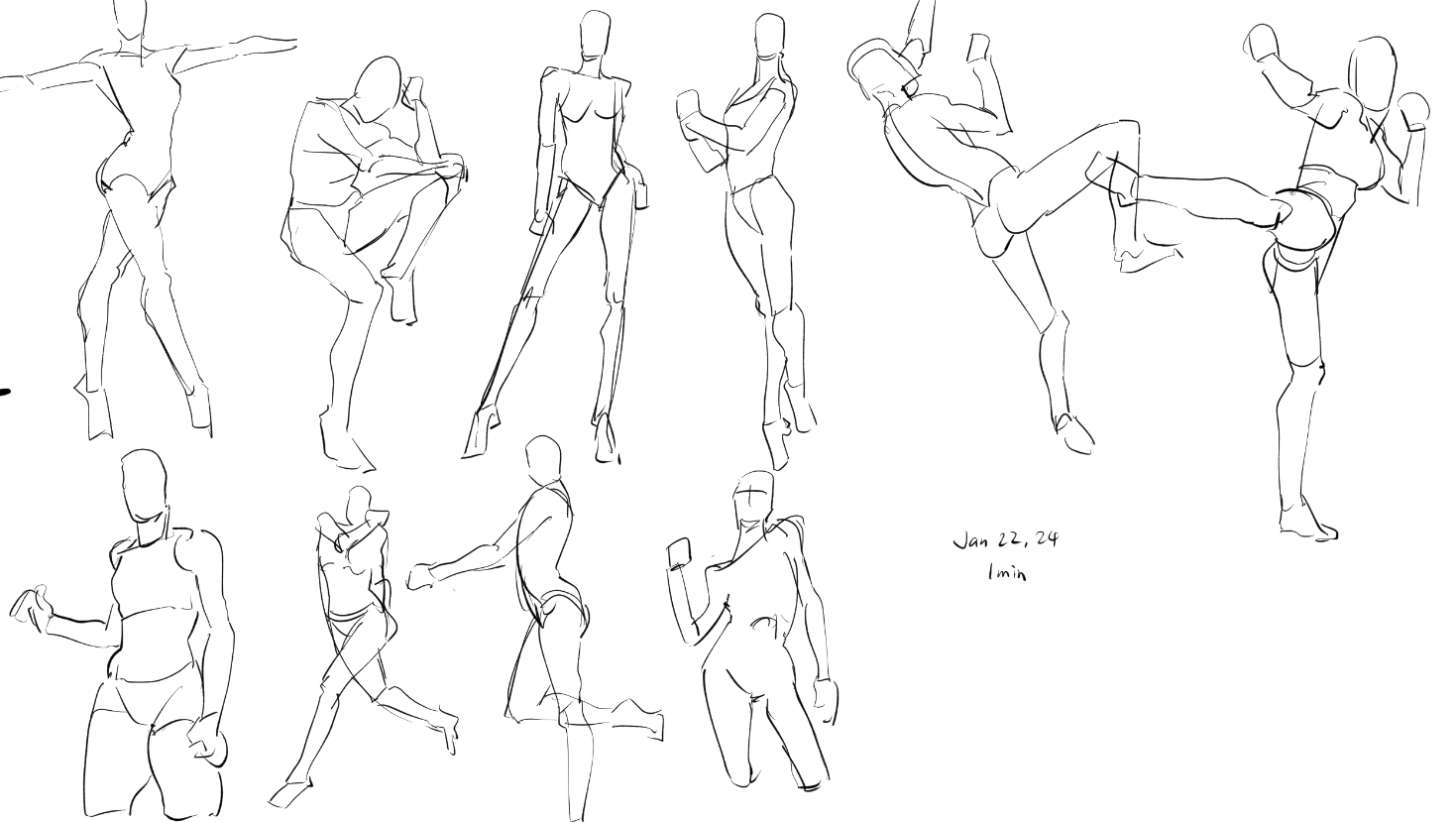 this image contains multiple quick gesture drawings of human figures in various poses.  the style is loose and expressive, focusing on capturing movement and overall form rather than precise detail.  the sketches depict both male and female figures in a range of actions, including standing poses, active fighting stances, and more relaxed postures.  many of the figures are positioned dynamically, suggesting motion and energy. the drawings appear to be done quickly, in a style often used for practice and warmups. a date and time ("jan 22, 24 1 min") is included, indicating the sketches were completed within a oneminute time frame. the overall style is consistent with figure drawing exercises, potentially used for anatomical study or to improve the artist's ability to capture the essence of movement and form.