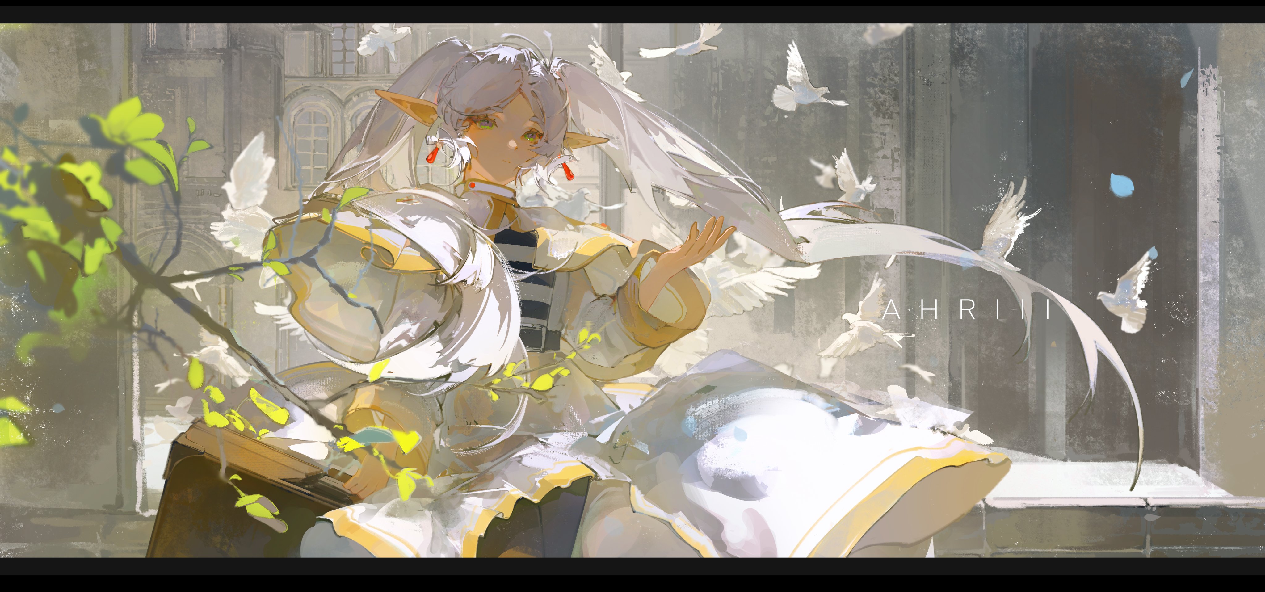 the image shows a young elf girl with long, flowing white hair, dressed in a white and yellow dress that resembles a cleric's robe, standing in a cobblestone street within the walls of a castle. she is surrounded by a flock of white doves, and a large, old book lies open on the ground near her feet. her hand is outstretched as if she is controlling the doves with magic. the image has a soft, dreamlike quality, with muted colors and a painterly style. the overall effect is one of peace, tranquility, and ethereal beauty.