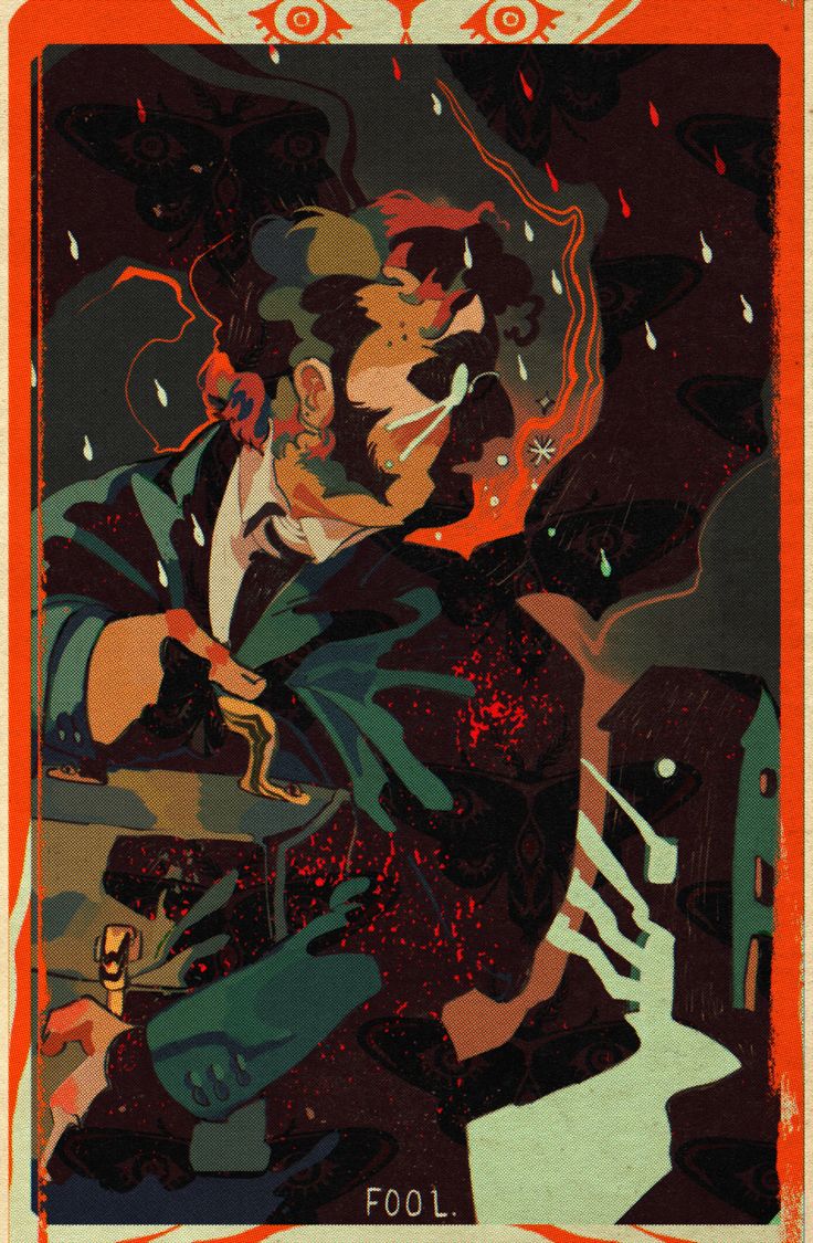 the image is a stylized depiction of the "fool" tarot card.  it features a man in a suit, possibly carrying a briefcase, standing in a dark, rainswept environment.  the rain is depicted as a shower of dark moths. the man's face is partially obscured, adding to the mysterious feel.  large, watchful eyes are positioned at the top of the image. the overall style is a blend of surrealism and vintage or retro aesthetics with bold colors and dark, shadowy details. the background includes what looks like buildings or structures, further enhancing the ominous atmosphere. the word "fool" is inscribed at the bottom.