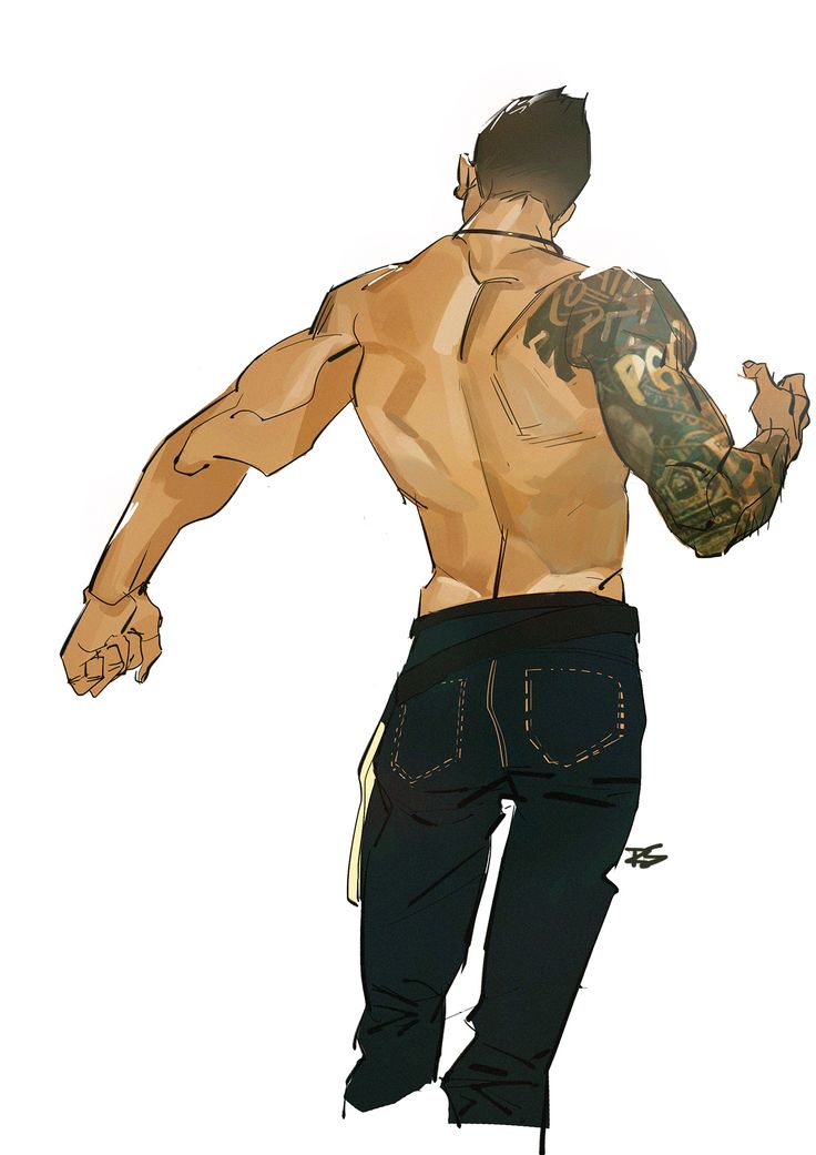 the image is a stylized illustration or digital painting of a muscular man viewed from behind. he has a detailed tattoo covering his right arm and shoulder, and is wearing darkwash jeans. his physique is emphasized, showcasing a strong back and arms. the art style is contemporary and expressive, with loose brushstrokes and a focus on the overall form and character rather than photorealism. the background is plain white, drawing all attention to the figure.