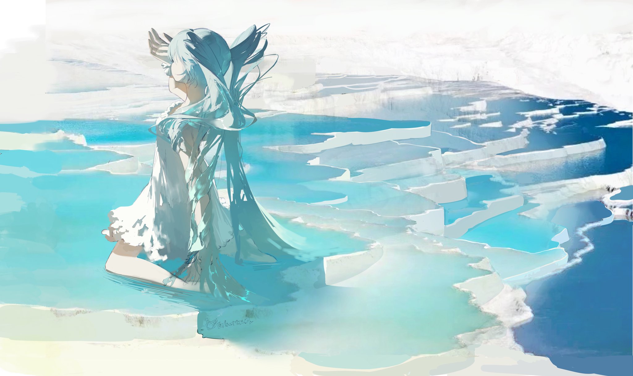 the image is a digital painting or illustration featuring an animestyle girl with long, light blue hair. she is wearing a flowing white dress and is seated in shallow, turquoiseblue water. the water appears to be in a series of tiered pools, reminiscent of the travertine terraces of pamukkale, turkey. the overall mood is serene and dreamy, with soft light and a peaceful atmosphere. the girl's pose and expression suggest contemplation or quiet enjoyment of the beautiful setting. the art style is highly stylized and painterly, with soft blends of color and a focus on atmosphere.