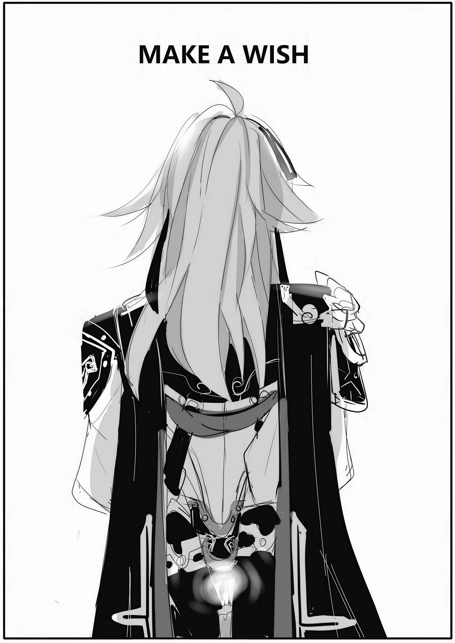 a black and white anime drawing of a girl with long hair wearing a long coat and holding a glowing object. the drawing is against a white background.  the caption above her says "make a wish."