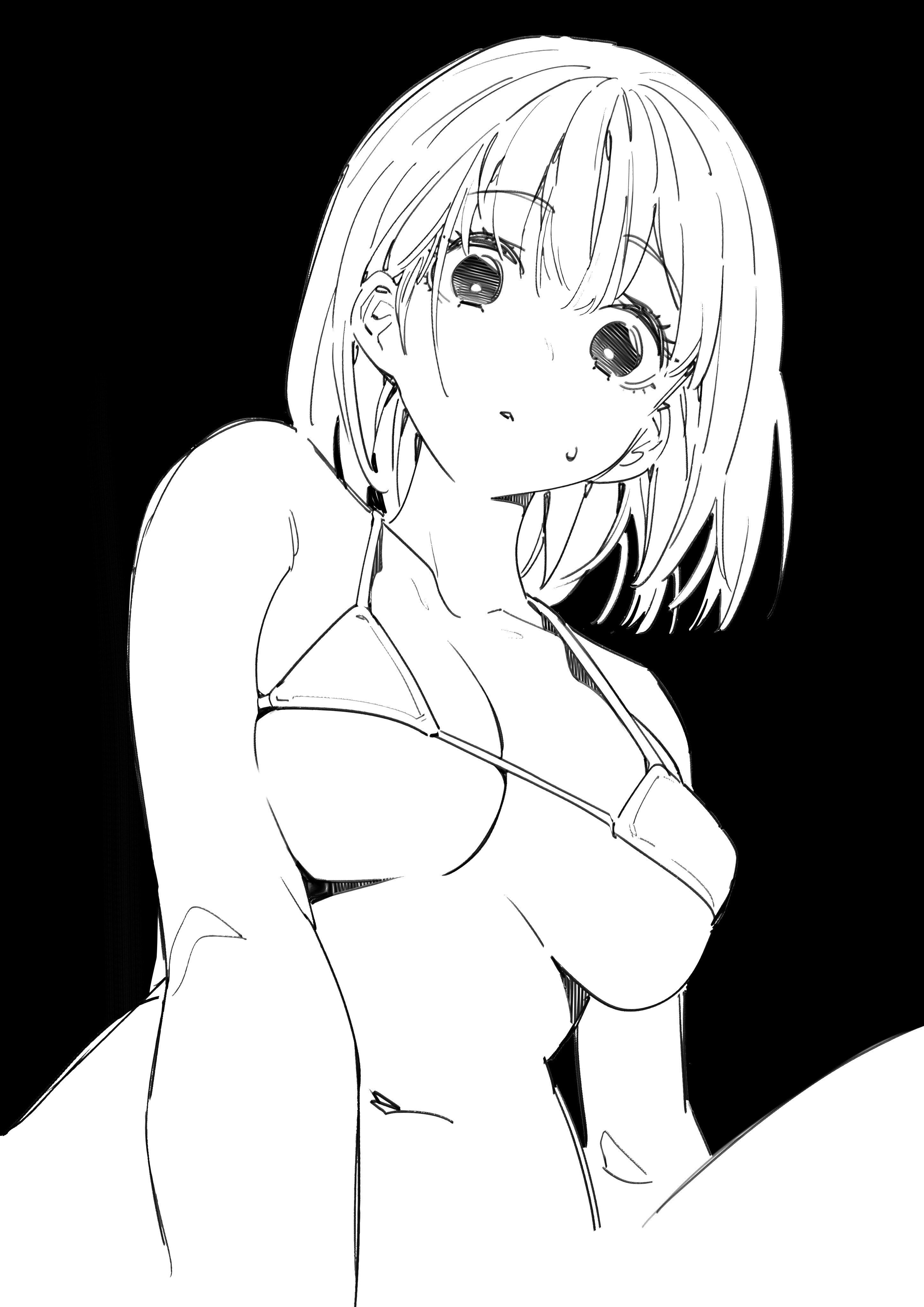a black and white sketch of an anime girl in a bikini. she has short, bobbed hair and is looking towards the viewer with a slightly seductive expression. the drawing style is loose and sketchy, with visible lines and shading. the girl's body is partially visible, with her breasts and cleavage prominently displayed. the overall tone is suggestive but not overtly explicit.