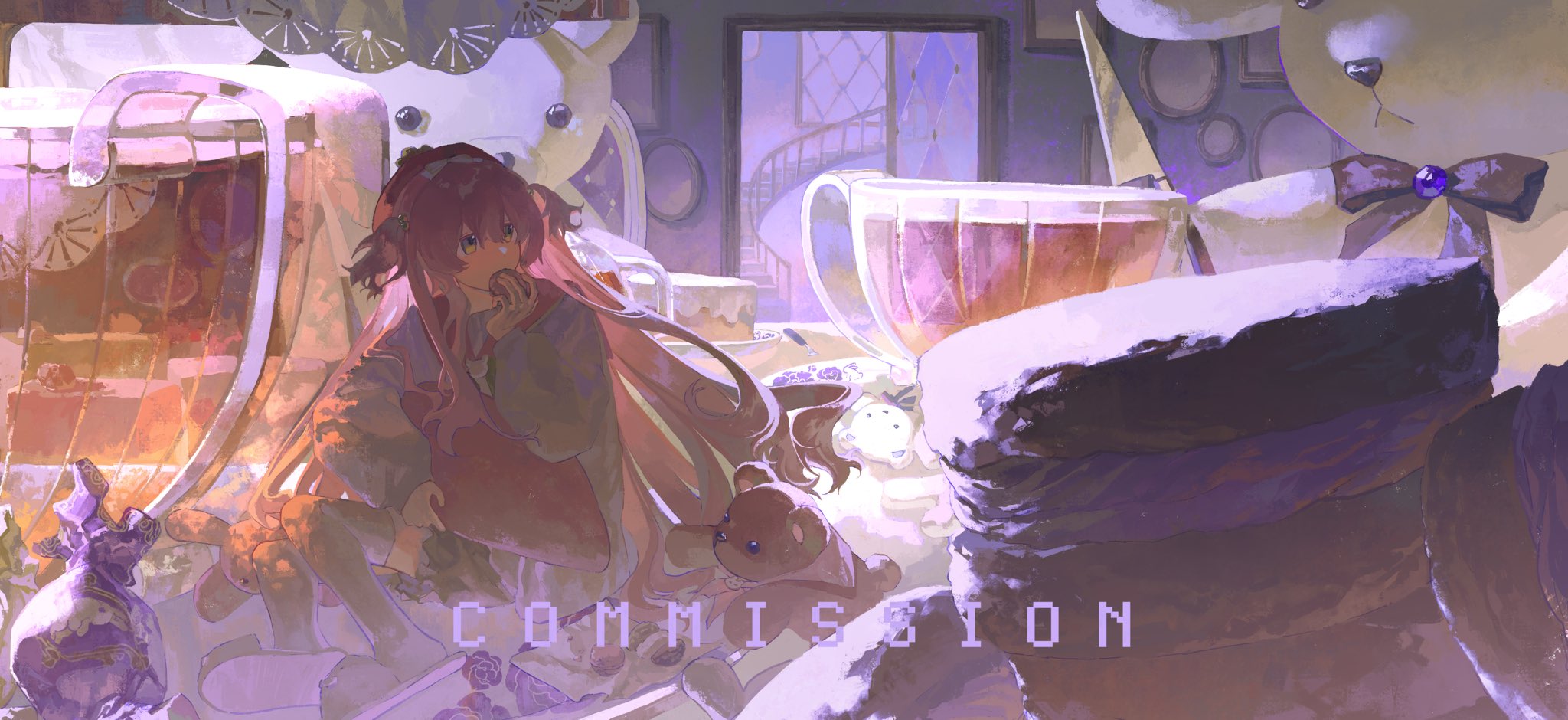 the image depicts a scene with an anime girl in a whimsical, fantasy setting. she has long pink hair and is wearing a pink and purple dress, sitting at a table with a teddy bear in her lap. on the table are a purple teacup, a plush toy, and several other items that suggest a magical or enchanted atmosphere. there is also a plush white bear standing behind her and a large window behind the girl.
