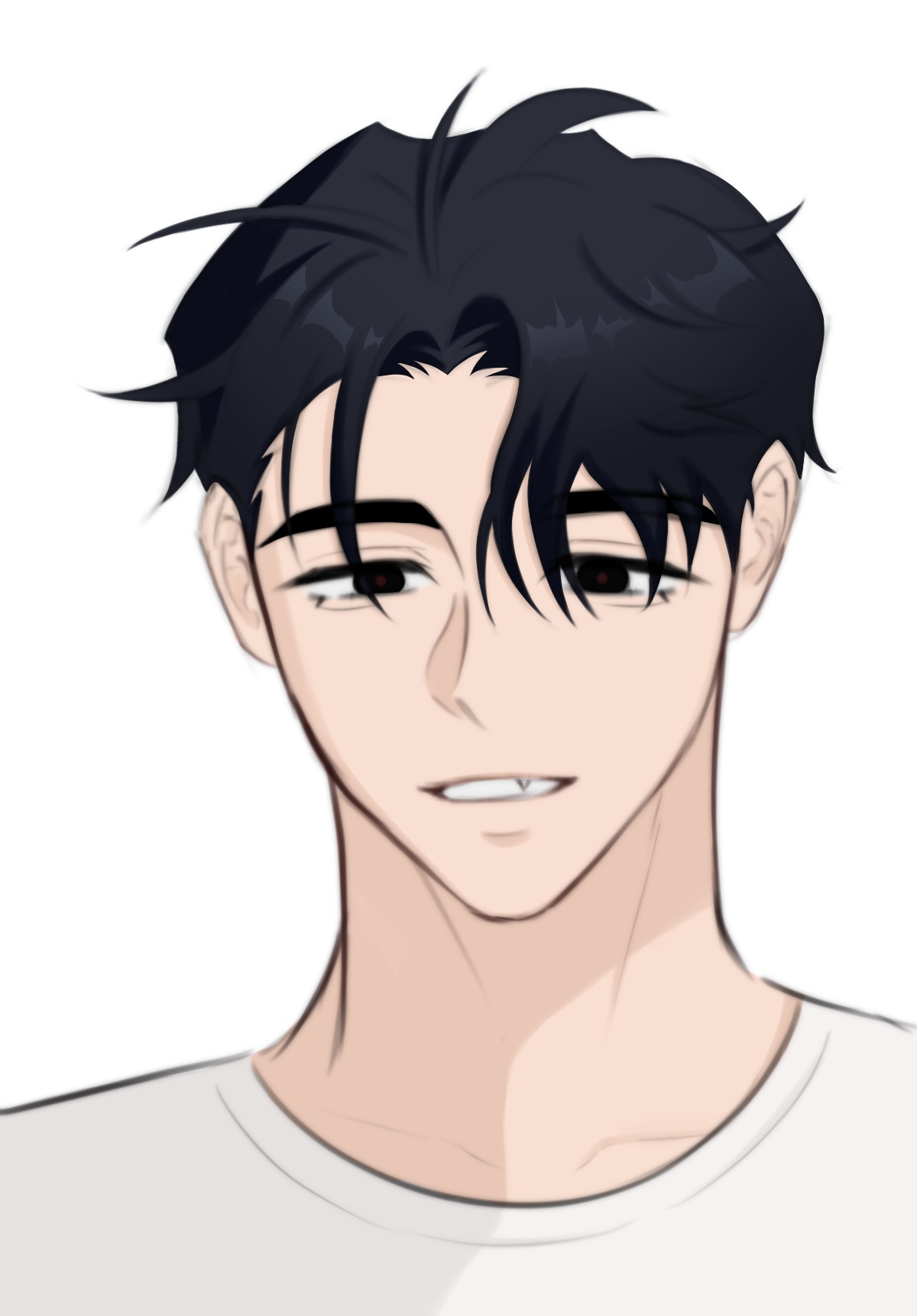 the image is a closeup digital drawing or illustration of a young animestyle man. he has dark, styled hair, dark brown eyes, and a subtle smirk. his skin is lighttoned, and he is wearing a simple white tshirt. the style is clean and slightly minimalist, focusing on the character's features and expression. the background is plain white, drawing attention to the character. the overall mood is calm and somewhat alluring.