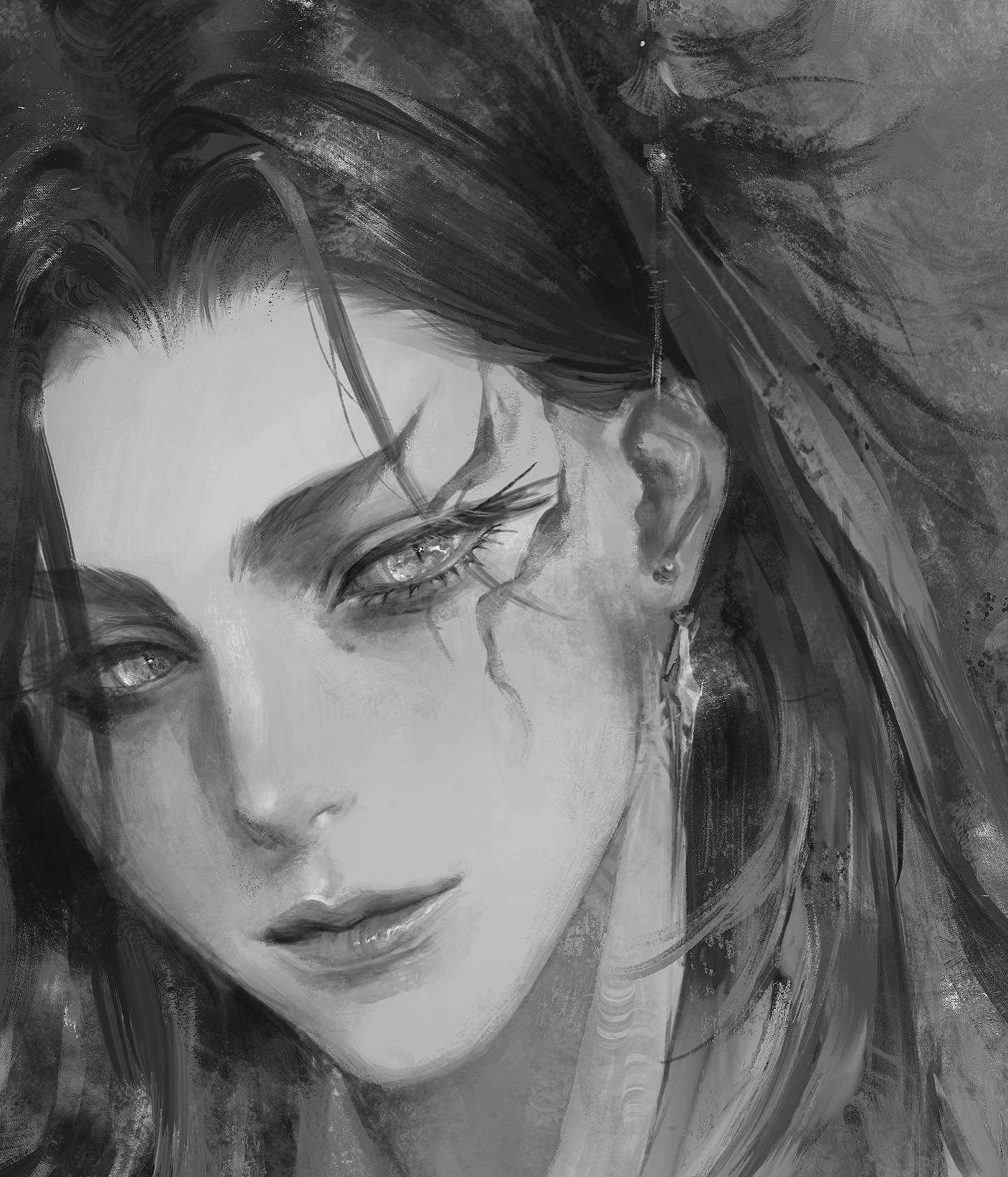 the image is a black and white portrait of a man with long, flowing hair and striking features. he has a tattoo or mark on the left side of his face that resembles a spiderweb or lightning bolt. he is wearing an earring in his left ear and his expression is serious and intense. the overall style of the image is painterly and ethereal.