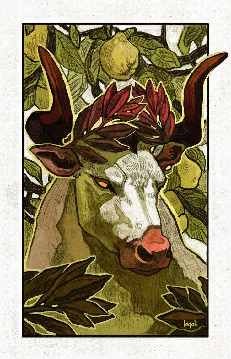 the image is a stylized illustration or painting of a minotaur's head and shoulders. the minotaur is depicted with a crown of reddishbrown leaves or foliage upon its head.  its expression is intense and possibly angry. the background features a dense pattern of quince fruit and leaves, suggesting a fruitful, almost overgrown, environment. the artistic style is detailed and reminiscent of vintage or art nouveau illustration, with a blend of colors predominantly in greens, browns, and golds.  the artist's signature "lagal." is subtly visible in the lower right corner. the image is contained within a rectangular frame, enhancing the vintage feel.