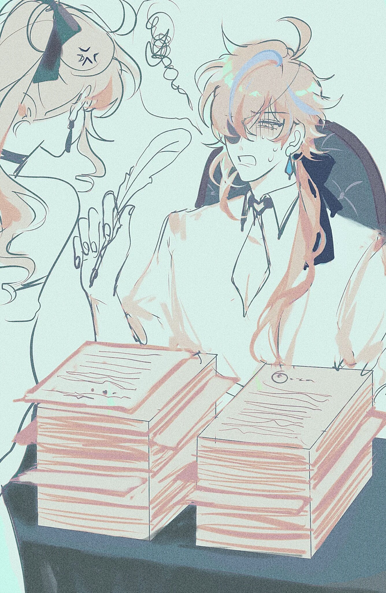 he image is a soft, pastelcolored animestyle illustration depicting a young woman and man seated at a desk.  the woman, with long, flowing hair and a bow, appears slightly annoyed and is holding a quill. the man, with light orange hair and an eyepatch, looks stressed and frustrated, possibly overwhelmed by a large stack of papers and books in front of him. the overall style is soft and gentle, focusing on the characters' emotions and the slightly chaotic yet intimate scene of a seemingly creative or writingrelated work session.