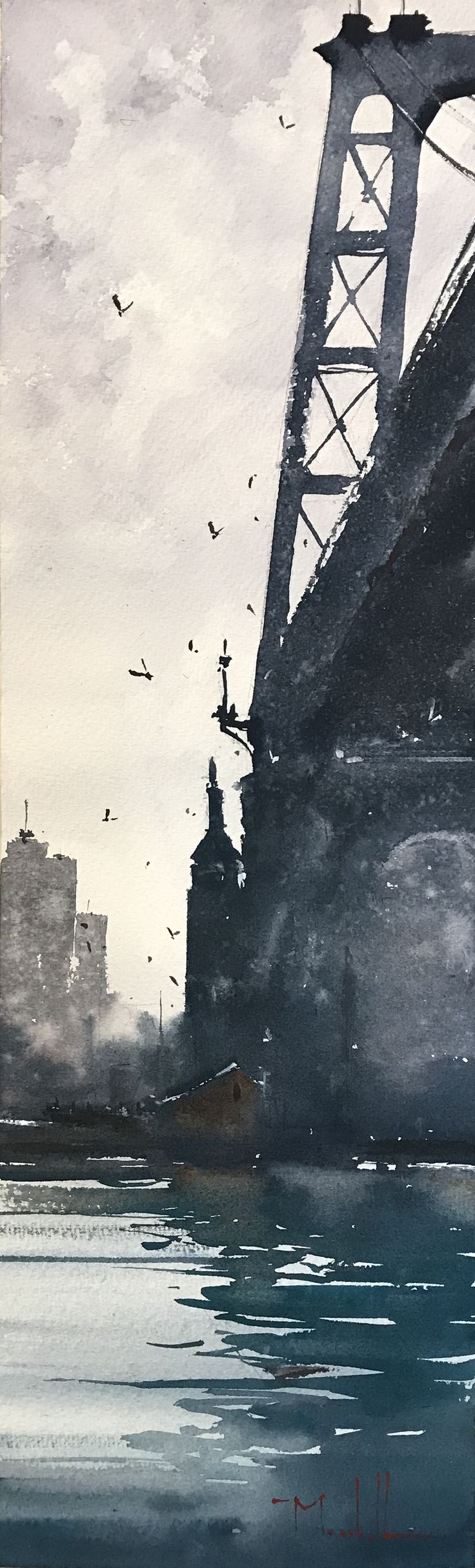 the watercolor painting depicts a moody urban scene dominated by a large, dark bridge structure that stretches across most of the frame.  the bridge's metal framework is detailed in stark contrast to the softer, washedout tones of the sky and cityscape. buildings appear as silhouettes along the riverbank, while the sky is a pale grey, suggesting an overcast day.  small birds are scattered across the sky, adding a subtle layer of movement. the water reflects the dark tones of the bridge and the city, creating a sense of depth and quiet contemplation. the overall style is minimalist and atmospheric, focusing on the interplay of light, shadow, and texture.