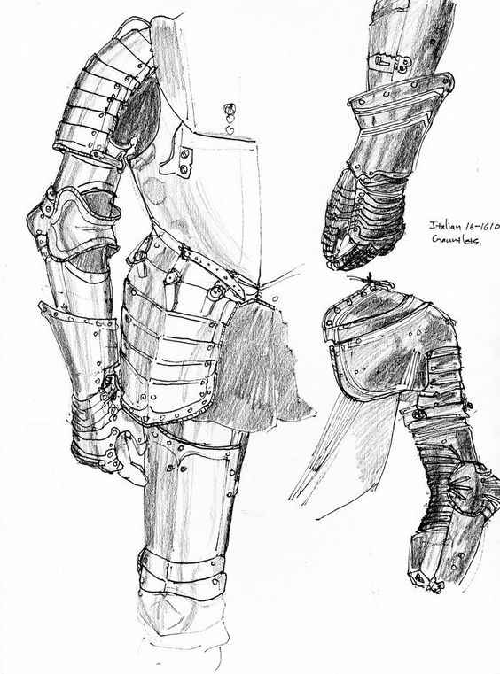 this is a detailed sketch of a suit of armor, likely of italian origin based on the note "italian 16/16th century" written on the drawing. the drawing focuses on the arm, leg, and torso portions of the armor, showcasing its articulation points and the overlapping plates designed for protection. the artist's technique effectively conveys the metal's texture and the suit's intricate construction.