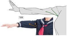 the image is a drawing tutorial demonstrating how to draw a realisticlooking arm bent at the elbow. the top part is a line drawing of the arm with arrows to indicate the direction of the bend. the bottom part is a photo of a real person's arm in the same pose, also with arrows to show the direction of the bend. the person in the photo is wearing a japanese school uniform.