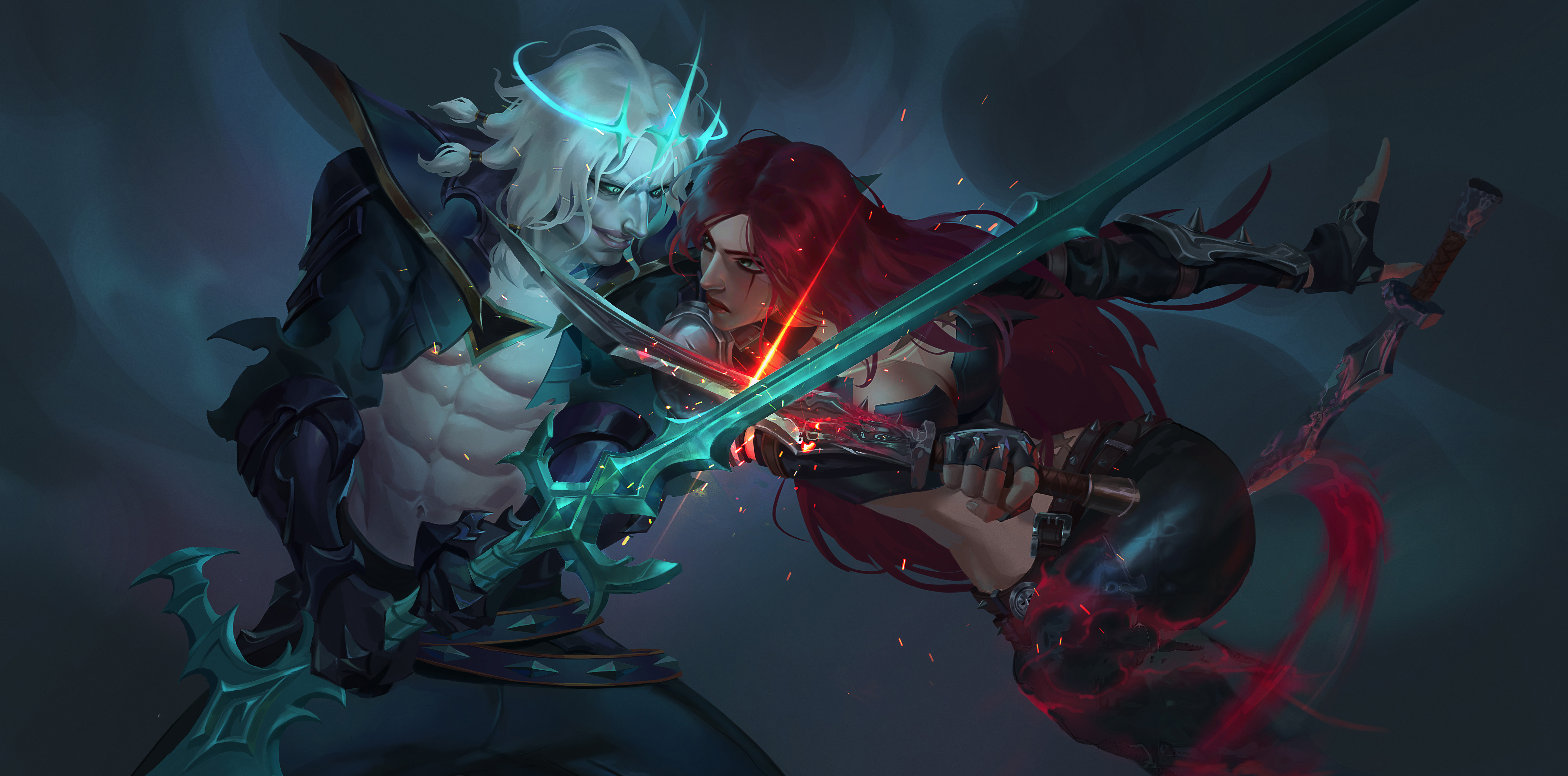 a digital illustration of two anime characters fighting each other with swords in a dark setting. one character is a male with blonde hair, wearing black and blue clothing, and he has a demonic look, with glow around his head. the other character is a female with long red hair, wearing black clothing, and she has a more angelic appearance. the male's sword is blue and the female's is red. the fight is intense and actionpacked.