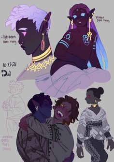 the image is a digital art sketch page of character designs featuring three elves, all showcasing unique features and fashion styles reflecting a dark fantasy theme. the color palette primarily consists of cool tones such as purple, blue, and pink. the first elf, with light purple hair, is positioned in profile view, showcasing intricate jewelry and pointed ears. the second elf, drawn with dark purple skin, is depicted from the waist up with teal and purple hair, adorned with bold jewelry and markings across their chest. the third elf, depicted as a bust, has their hair styled in a bun, accessorized with large earrings. the line art prominently outlines the characters, emphasizing their features and expressions, contributing to the overall aesthetic of the sketch page.