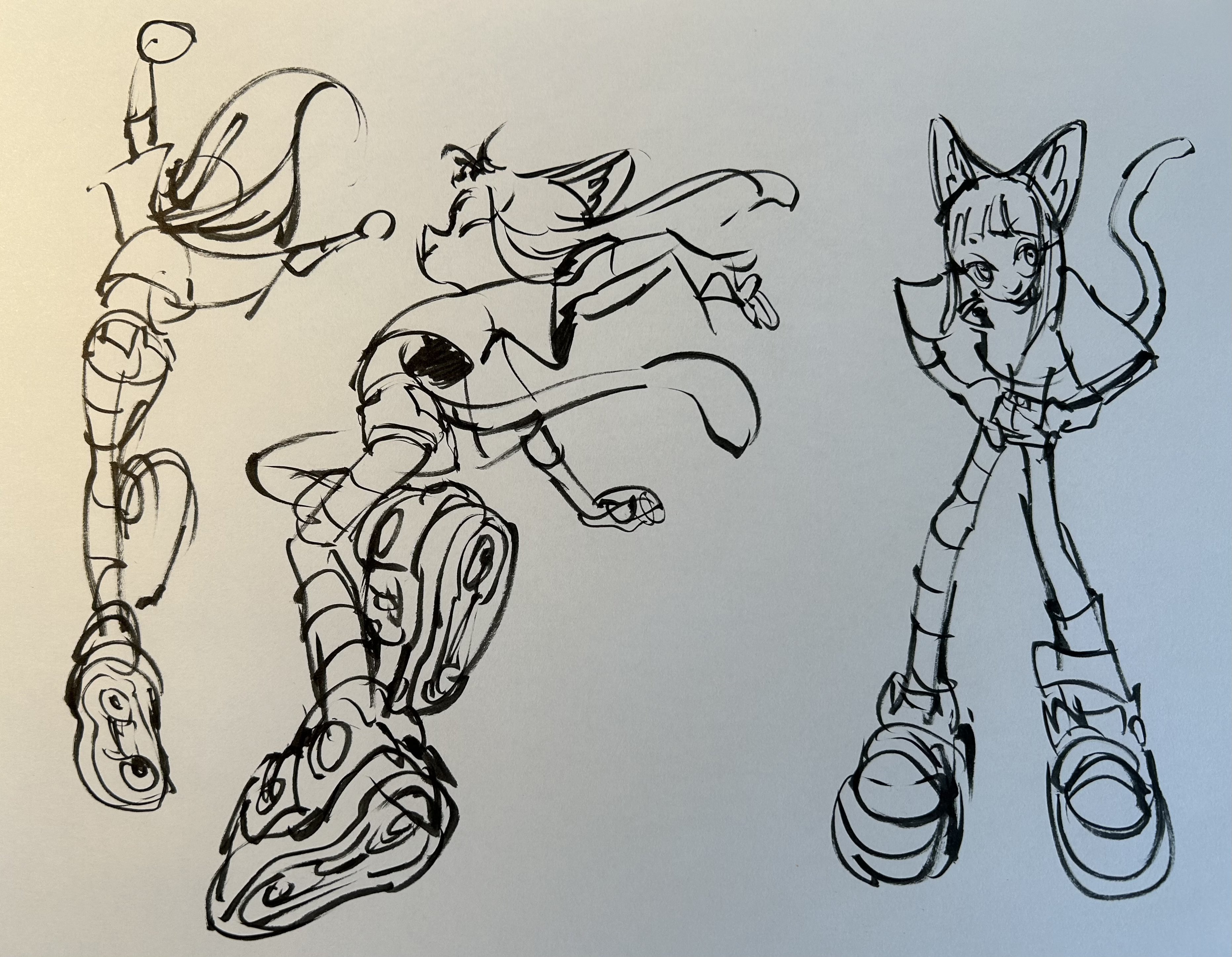a page of concept sketches showing a female character with cat ears and tail wearing baggy clothes and rollerblades. the character is in a dynamic pose. there are three sketches of the character, two of which are from the side, and one from the front. the sketches are drawn in a manga or anime style.