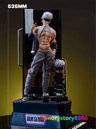 the image shows a detailed closeup of a highquality collectible figurine or statue. the figure depicts a muscular, shirtless man with gray hair, wearing sweatpants, and holding what appears to be a cell phone or similar device in one hand.  he's positioned in a relaxed but confident pose,  near a set of dumbbells on what seems to be a gymthemed base.  the statue is quite large (535mm is indicated), with high attention paid to muscular definition and texture. the background is dark, making the figure stand out.  the watermark "hpnorystory8886" is visible, possibly indicating the artist or seller.  the overall impression is one of a highend collectible focused on a stylized male figure.