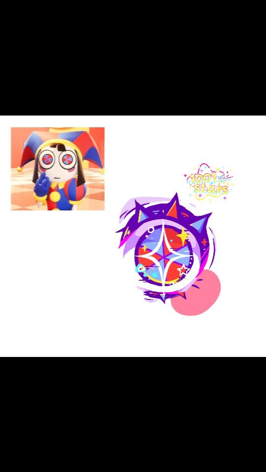 the image contains two distinct sections.  the left side features a cartoon rendering of a jesterlike character, possibly a 3d model, from the game or show "hooligans."  the jester has large eyes, and wears a red, yellow, and blue costume.the right side shows a logo or emblem for what appears to be "hooligan stars." it is a stylized graphic design featuring a central star in shades of red and blue, surrounded by a purple, swirling effect with additional stars and splashes of color. a pink circle sits below the main logo.  the overall style is playful and whimsical, suited for children's entertainment or a game.