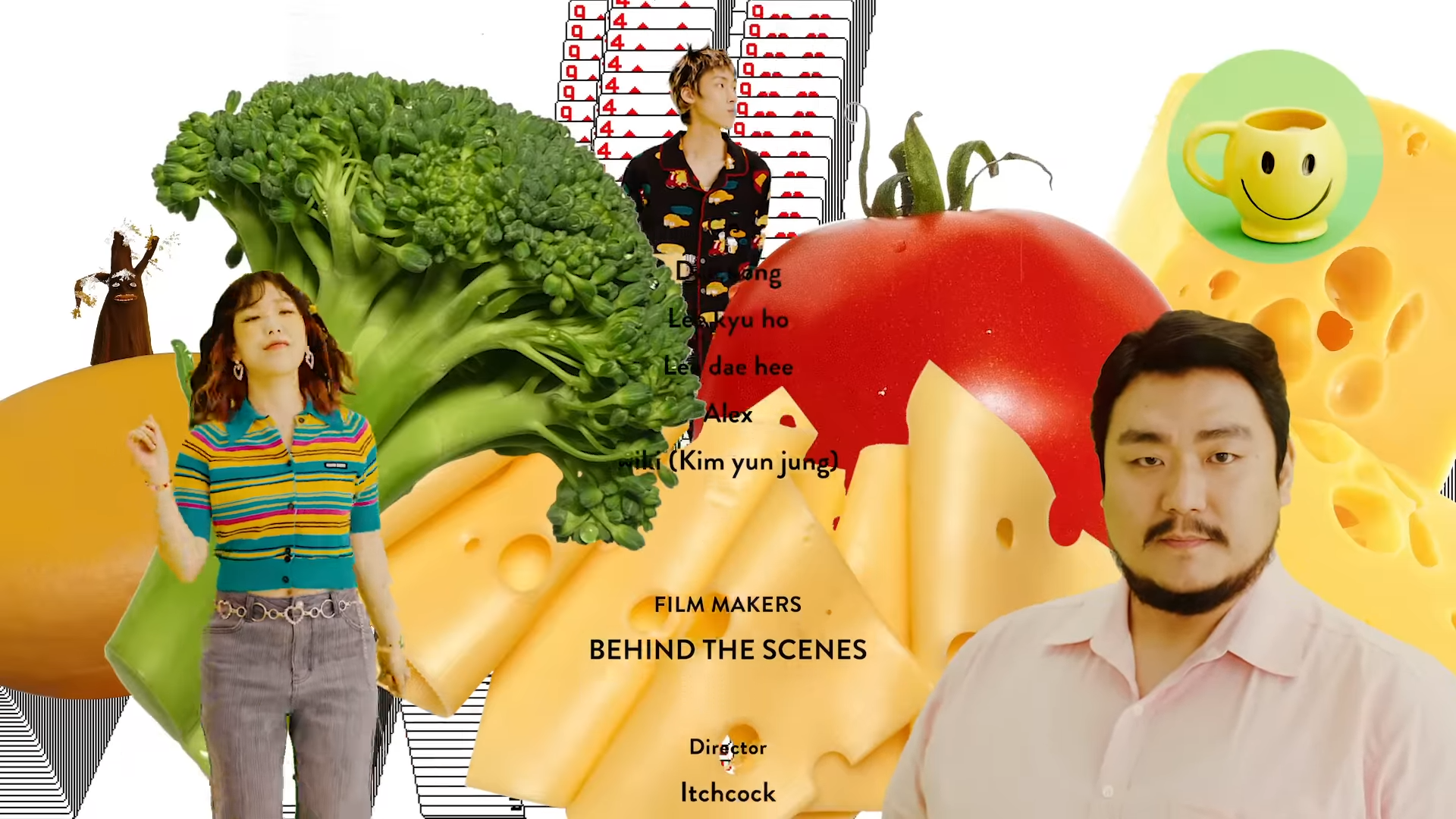 the image is a vibrant photo collage centered around the theme of filmmaking and likely referencing a specific project. it features three korean celebrities (alex, lee dae hee, lee kyu ho) interspersed with oversized food items like broccoli, a tomato, and copious amounts of cheese. a smiling mug adds a playful touch.  the collage incorporates elements like a film reel and the name "hitchcock," suggesting a comedic or satirical take on the filmmaking process.