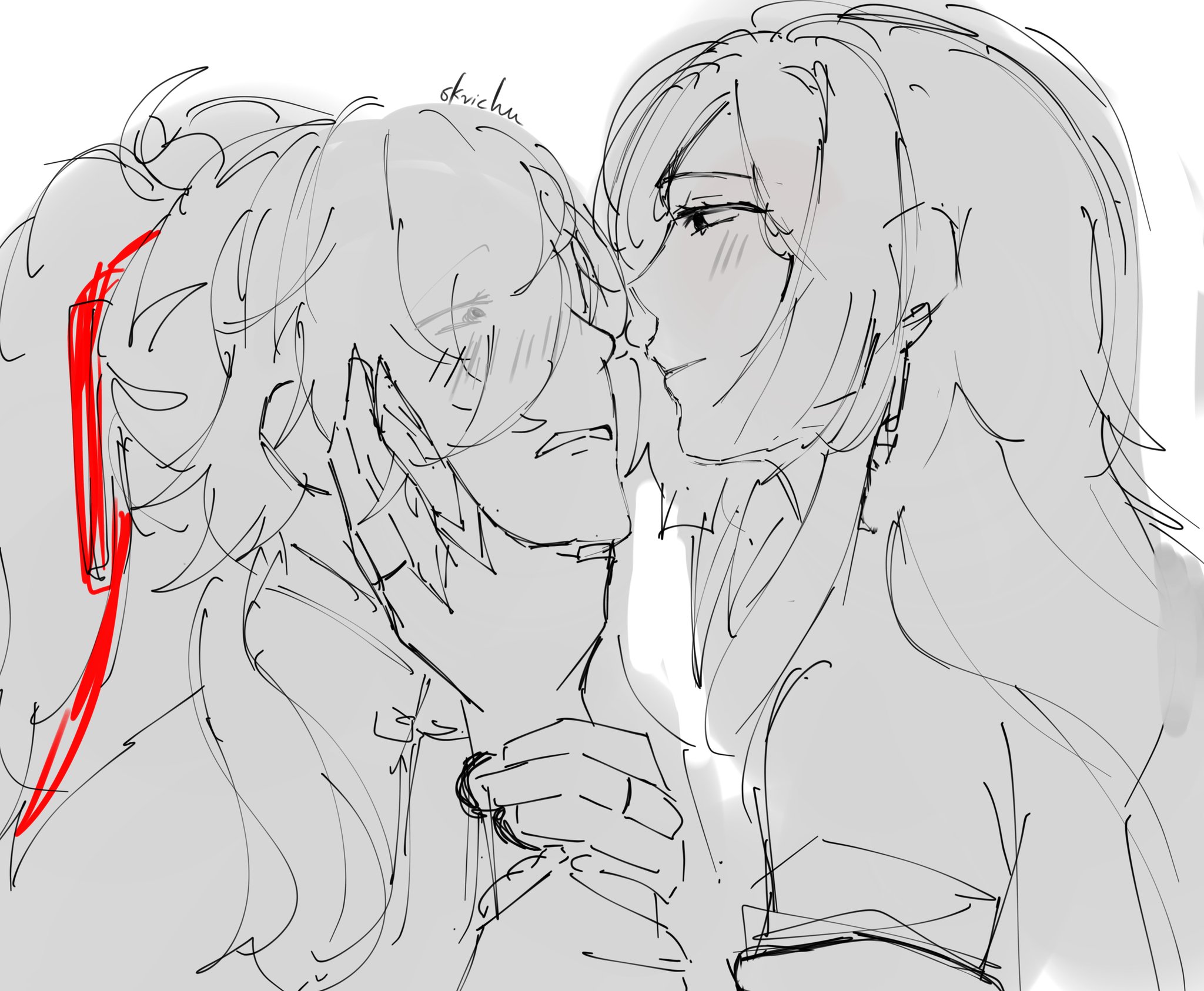 a grayscale sketch of two anime characters in a romantic embrace. the character on the left has long hair and is wearing a red ribbon. the character on the right has long hair and is wearing a plain shirt. they are both looking at each other with a loving expression. the sketch is done in a simple style with loose lines.