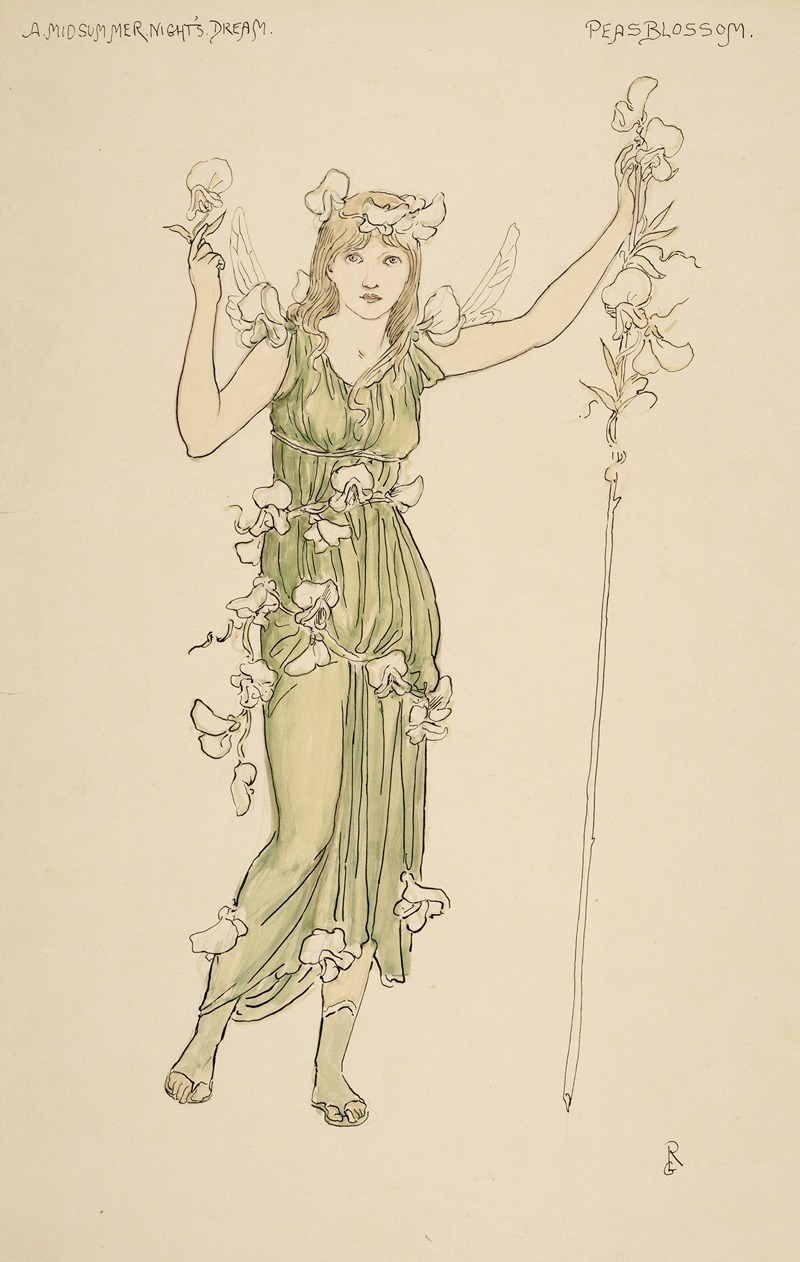 an illustration depicting a woman in a green dress with flowers and wings, labeled "peasblossom" from "a midsummer night's dream." the woman is holding a flower stem.