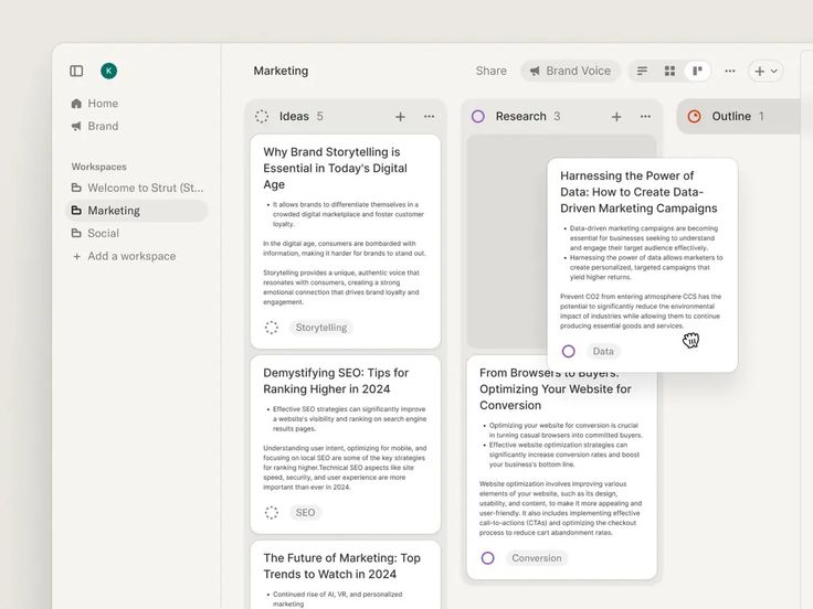 the image shows a screenshot of a digital marketing tool with different ideas and research topics.  the topics cover brand storytelling, seo strategies, conversion optimization, datadriven marketing, and the future of marketing. each topic has a brief description and a few bullet points highlighting key aspects.