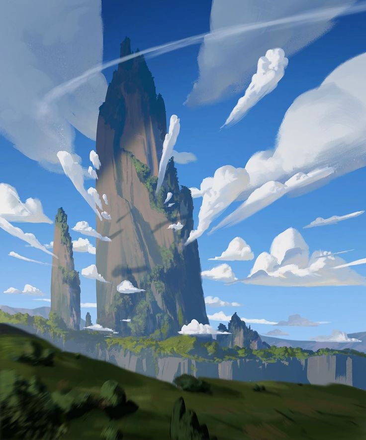 a digital painting of a scenic mountain landscape with a clear blue sky filled with white, stylized clouds. two prominent, tall rock formations stand amidst rolling green hills and a distant valley, with visible cliffs. the overall impression is of a fantasyinspired natural environment.