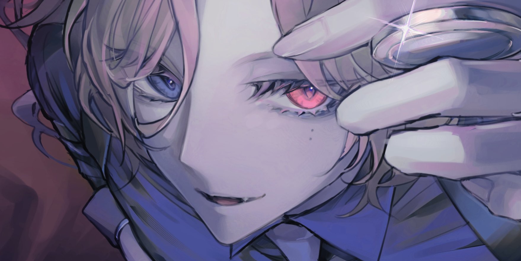 the image is a closeup illustration of an animestyle male character. he has heterochromia, with one eye being blue and the other red. he has a smirk and a visible fang, suggesting a vampirelike nature. he is holding his fingers up, with a silver ring on one of them, which is reflecting a source of light. the style of the art is stylized.