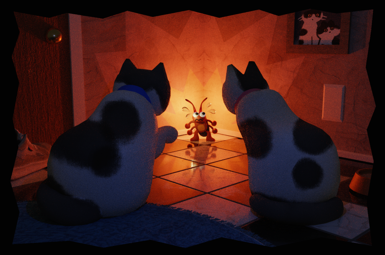 a 3d rendering depicts two black and white cats sitting on a tiled floor in front of a fireplace, illuminated by an orange glow.  a small, cartoonish, red bug is positioned between them, appearing frightened. the cats seem to be observing the bug.  the scene is set at night in a home, and there's a picture of two cats on the wall. the overall style is cute and slightly whimsical.