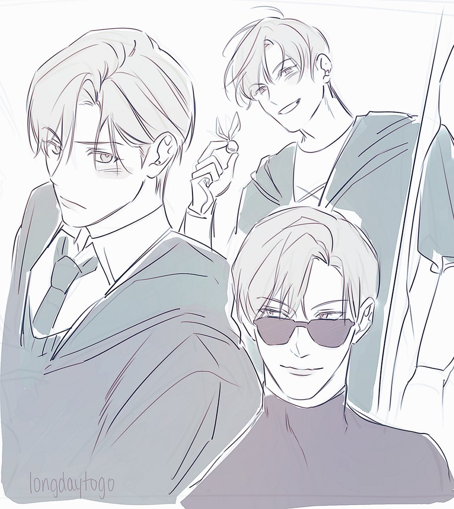 the image is a digital drawing, likely fan art, depicting three young men in an anime/manga style.  the style is light and sketchy, using soft lines and pastel colors (mostly grays and blues). one figure is prominently displayed in the foreground, wearing a dark turtleneck and sunglasses. he appears calm and possibly a little smug. behind him, another figure, similarly styled, seems more playful and holds what could be a small, winged object.  to the far left, a more formally dressed young man appears serious and pensive, wearing a coat and tie; possibly in a school or formal setting. the background is fairly indistinct, allowing the focus to remain on the characters. the art style suggests a modern take on anime/manga illustrations, with a focus on character design and expression.  the artist's signature "longdaytogo" is subtly placed in the bottom left corner.