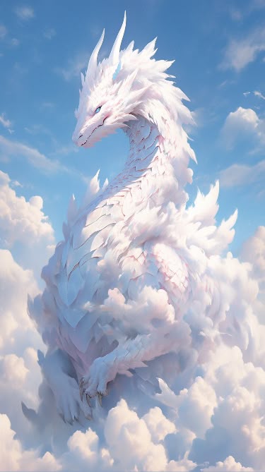 a white, majestic dragon stands tall amidst a bright blue sky filled with fluffy white clouds. the dragon's body seems to blend seamlessly with the clouds, its scales and feathers appearing soft and ethereal. the dragon has a long, elegant neck and a detailed head with striking eyes. the overall artwork has a stylized, animelike quality.