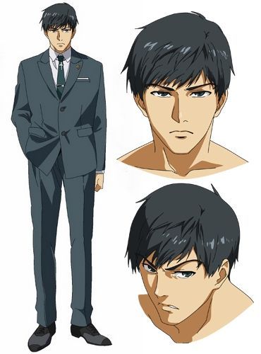 this is a character design of an anime male character. he has black hair, and he is wearing a dark suit with a tie and a white shirt. he has a serious expression on his face, and his eyes are wide open. the design includes a fullbody shot, headandshoulders shots, and closeups of his face. the style is reminiscent of typical anime and manga illustrations.