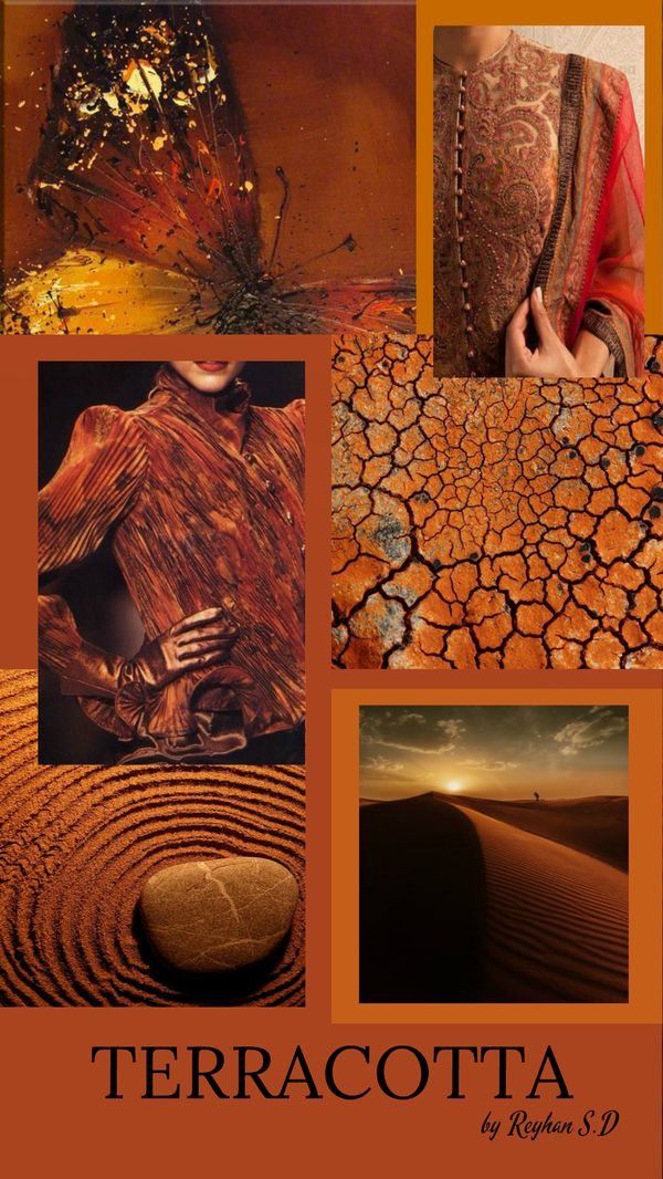 this is a mood board for the color terracotta. it features a variety of images in shades of orange, brown, and red. there is a butterfly with orange and brown wings, a woman in a terracottacolored jacket,  a desert landscape, a sunset over a desert, a cracked earth texture, a brown rock on a sand, and a closeup of a terracottacolored fabric. the words "terracotta" are written in large, bold letters at the bottom of the mood board.