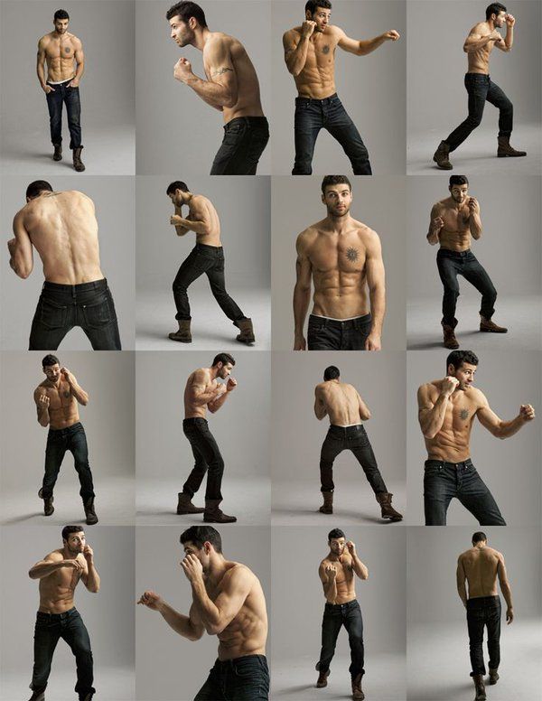 this image contains 16 photos of a shirtless male model in various poses showcasing his muscular physique. the photos are taken in a studio setting and show the model posing with a variety of  flexes and muscle definitions. he is wearing blue jeans in all of the photos and the background is a plain grey color. each photo shows a different pose and angle of the model's body.  the image is a great example of how to use photography to capture the beauty of the human body.