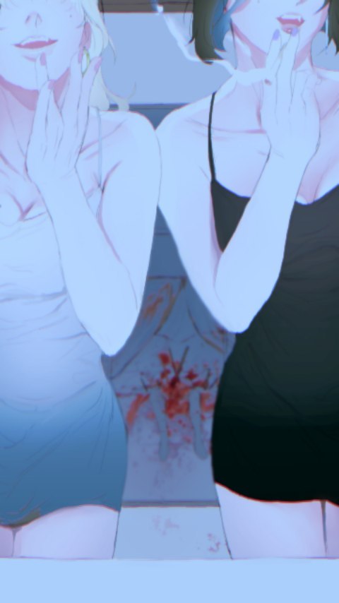 two anime girls, one in a white dress and one in a black dress, stand close to each other and smiling. they are holding their hands up to their face. they are in a room with a white background.