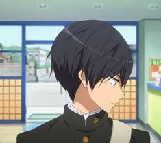 the image shows a side view portrait of a young man with short, dark hair and blue eyes. he appears to be a student, dressed in a black school uniform with a high collar and gold buttons. he has a serious expression on his face and is looking slightly to the side. the background suggests he is in a school hallway with a window and door visible behind him. the lighting is soft, creating a gentle atmosphere.