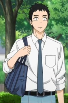 an anime drawing of a young man standing outside while wearing a white buttondown shirt, blue pants, a blue tie, and a black belt. he has short black hair and blue eyes. he is carrying a dark blue bag over his right shoulder and appears concerned. the background is a blurry depiction of green trees and a blue sky.