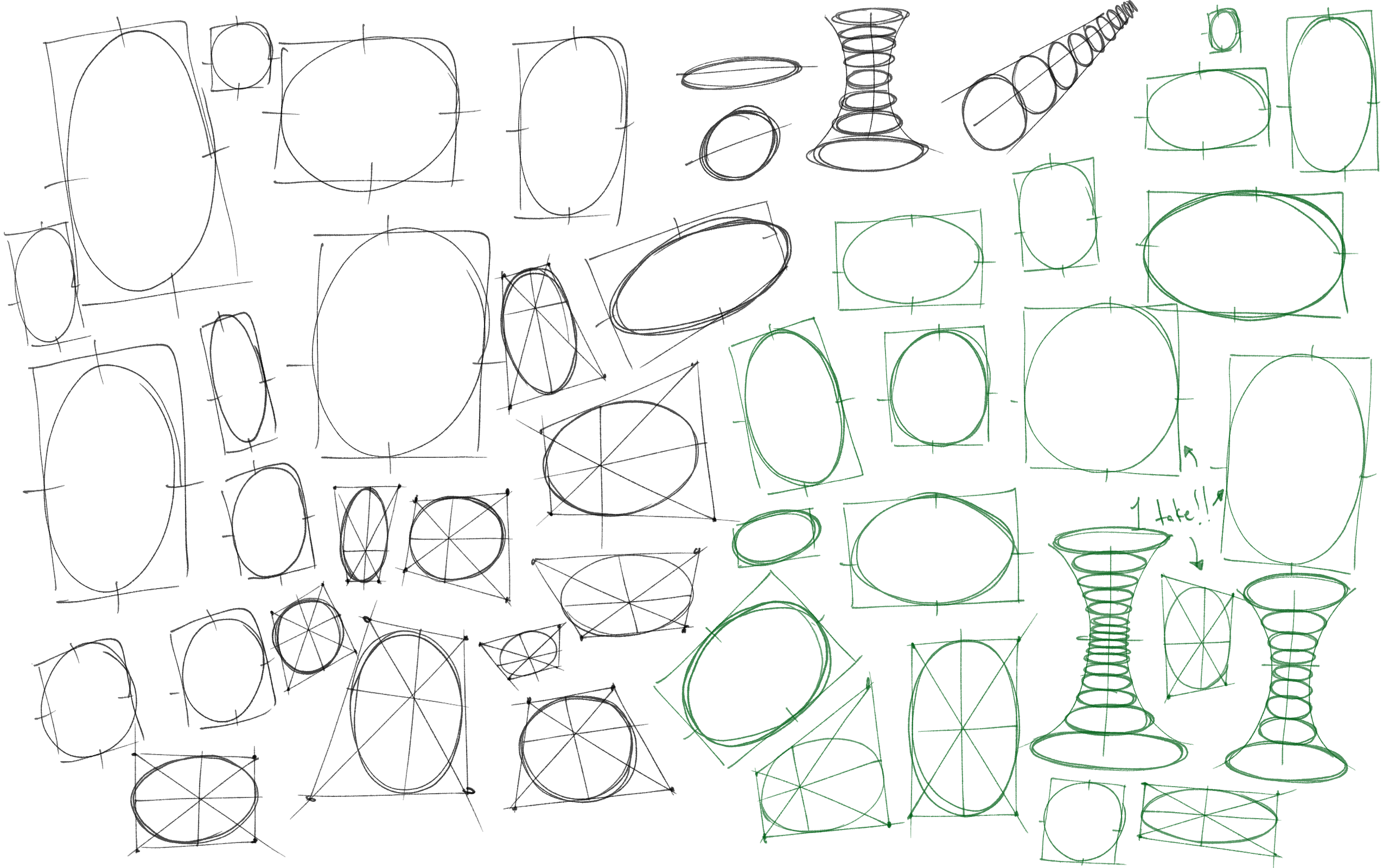 the image is a collection of handdrawn sketches featuring various shapes, primarily ellipses, ovals, and circles.  these shapes are rendered in varying sizes and orientations, some with construction lines indicating the process of their creation.  there are several examples of an hourglassshaped object rendered as a series of nested ellipses and circles, demonstrating a sense of perspective and volume. the style is loose and expressive, suggesting a design study or exploration of form and shape.  the sketches are presented in black and a few in green ink on a white background, creating a busy yet organized visual field.