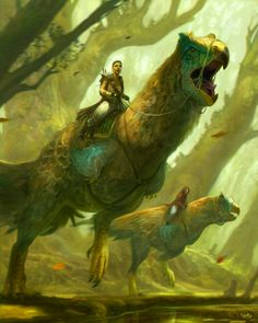 the image depicts a scene with two avian creatures resembling large, feathered dinosaurs in a forest. one has a humanlike rider on its back, suggesting a fantasy element where such creatures are ridden. the forest setting is dense and filled with trees, creating an atmosphere of wildness and adventure.