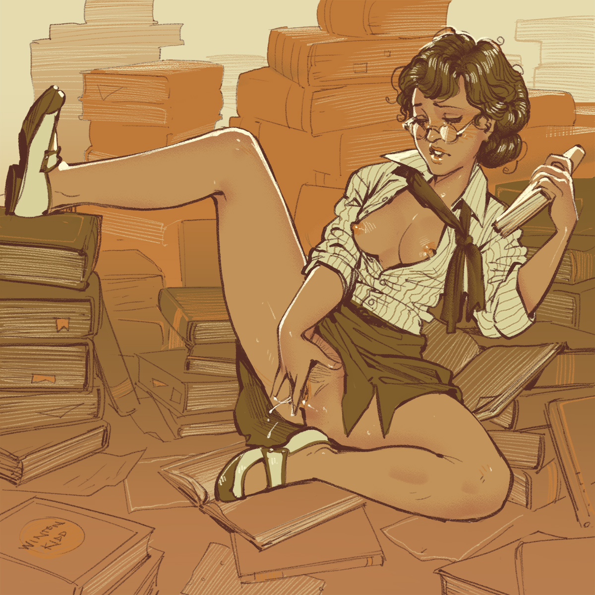 the illustration depicts a nude woman, possibly a librarian, sitting amidst a large pile of books. she's wearing glasses, a pinstriped shirt, and a brown skirt. her legs are spread, and she is masturbating. the overall style is reminiscent of vintage pinup art or a comic book, with a color palette primarily consisting of browns and oranges. the scene is suggestive and sexually explicit.